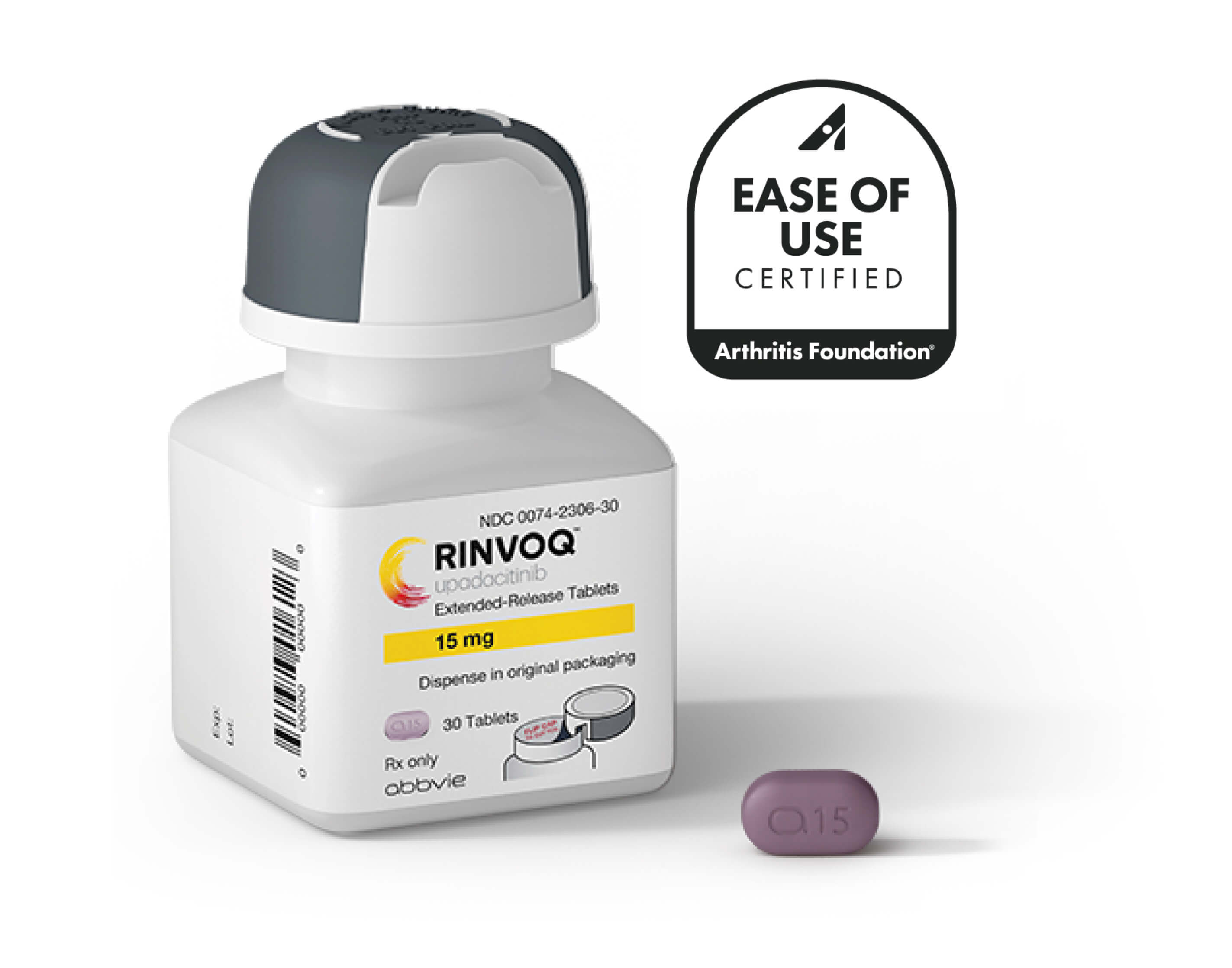 RINVOQ® pill bottle and tablet. Ease of use certified. Arthritis Foundation Ease of Use.