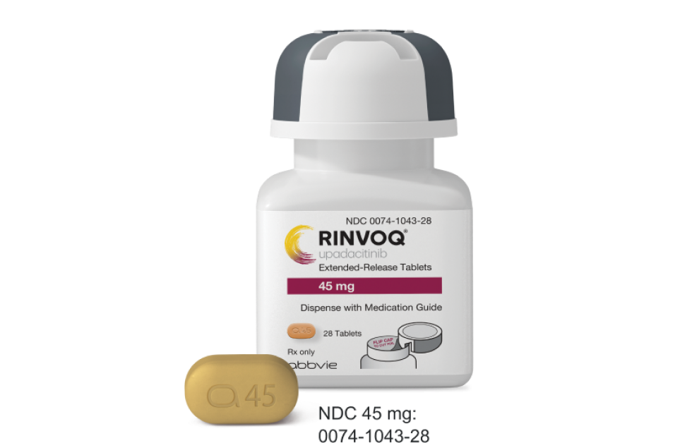 RINVOQ® (upadacitinib) 45 mg yellow pill and bottle.