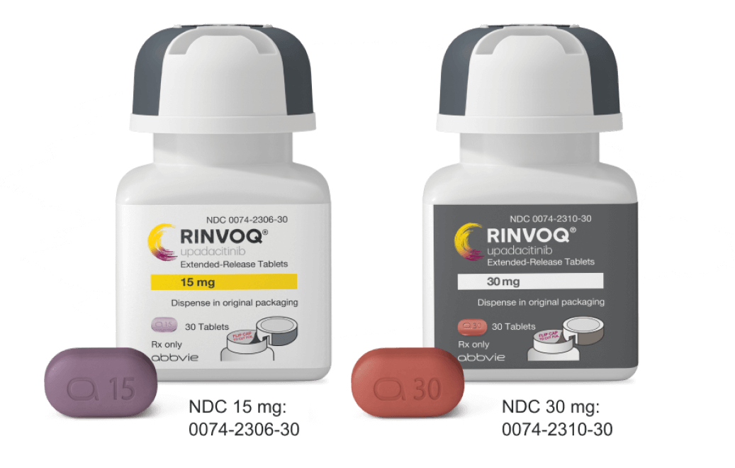 RINVOQ® (upadacitinib) 15 mg purple pill and bottle and RINVOQ® (upadacitinib) 30 mg red pill and bottle.